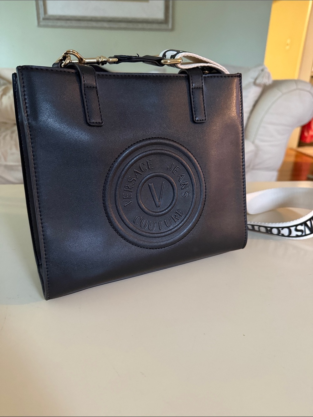 Versace Jeans Collection Black Logo-Embossed Leather Crossbody